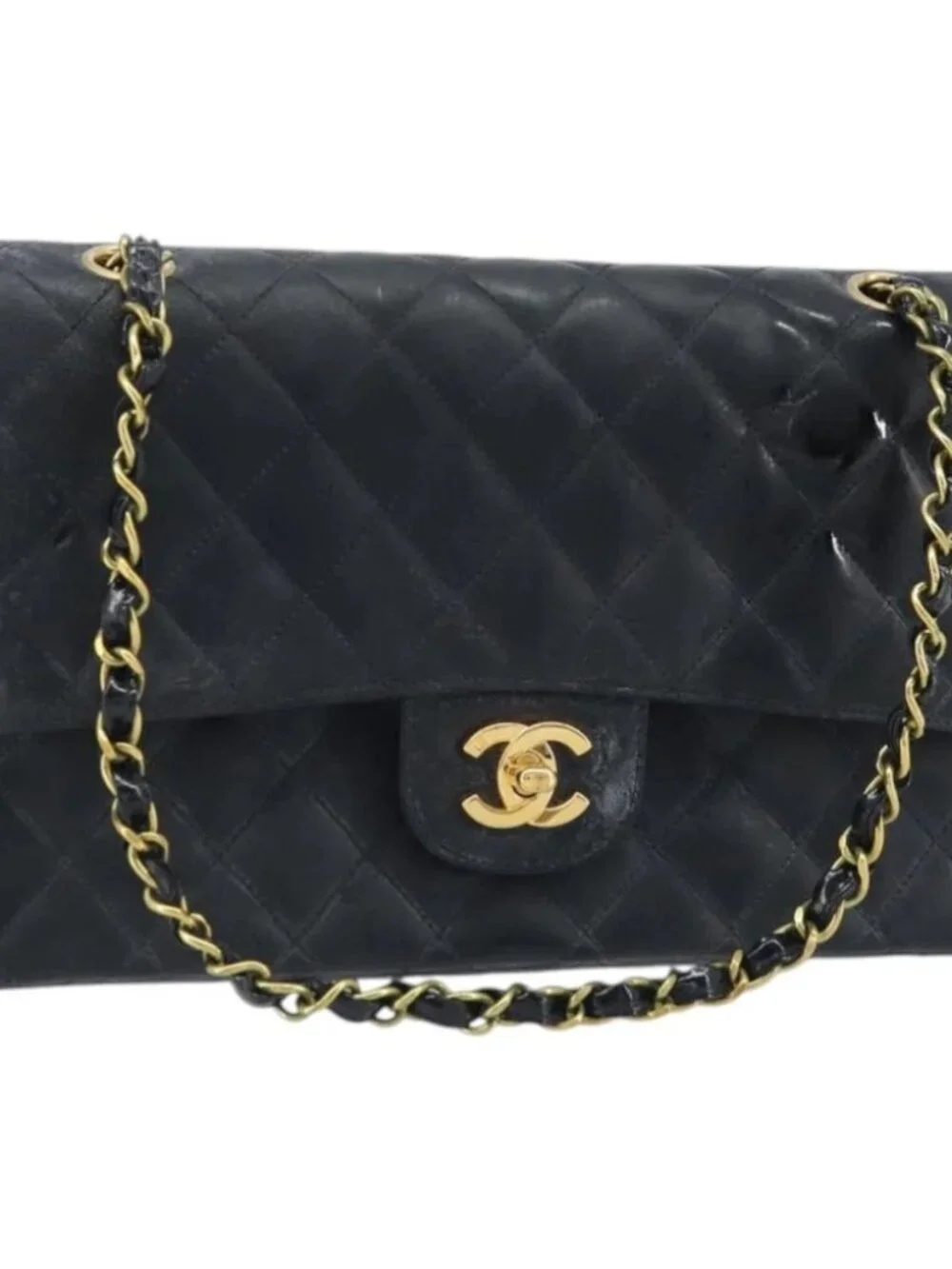 CHANEL Matelasse Chain Shoulder Bag Leather Black Gold CC Auth 88183